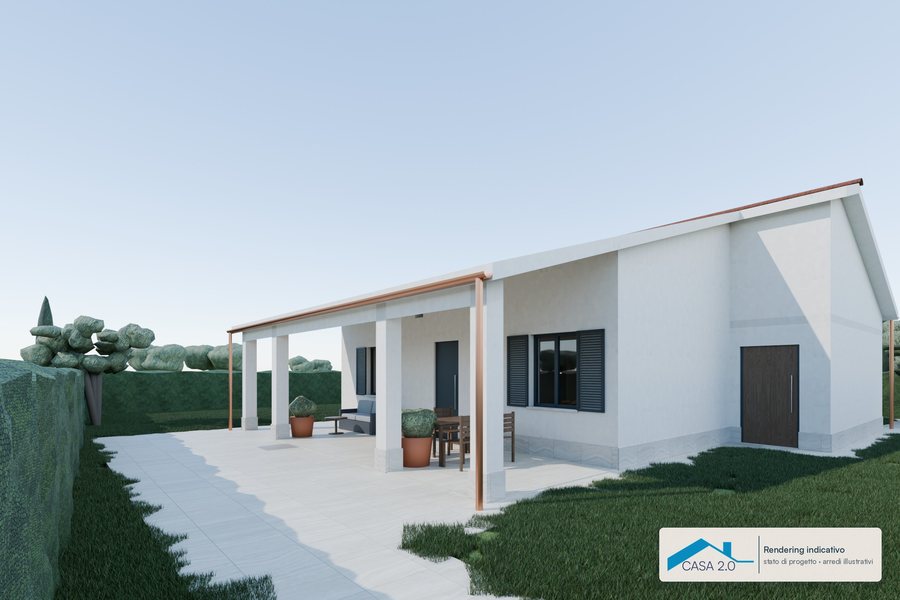 La corte e il portico: Il portico di 26,40 m² si apre sulla corte pavimentata.