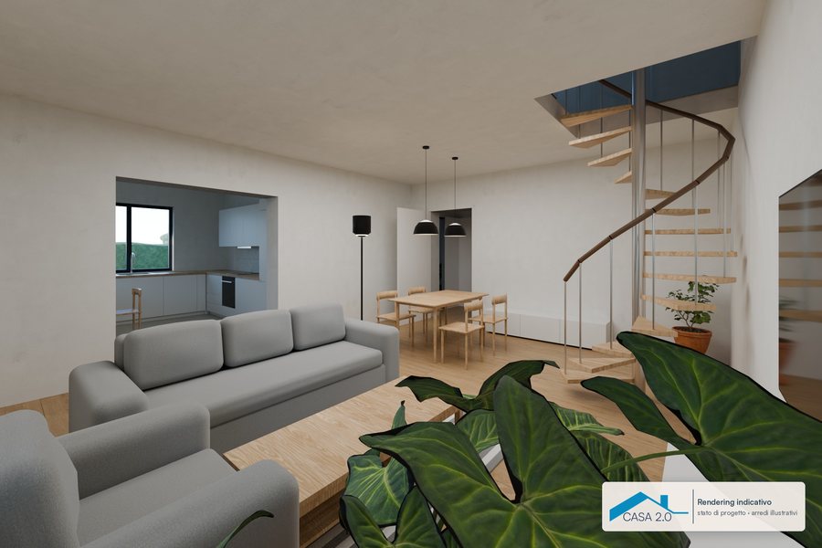 Soggiorno: 30,55 m² con accesso dal portico e scala per il sottotetto.